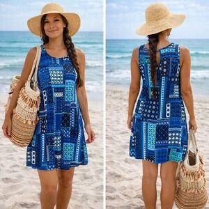 Bobbie Brooks Blue Patchwork Geometric Sleeveless Swing Dress Keyhole Back Large